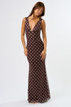 Sleeveless Polka Dot Print Mesh Maxi Dress Brown