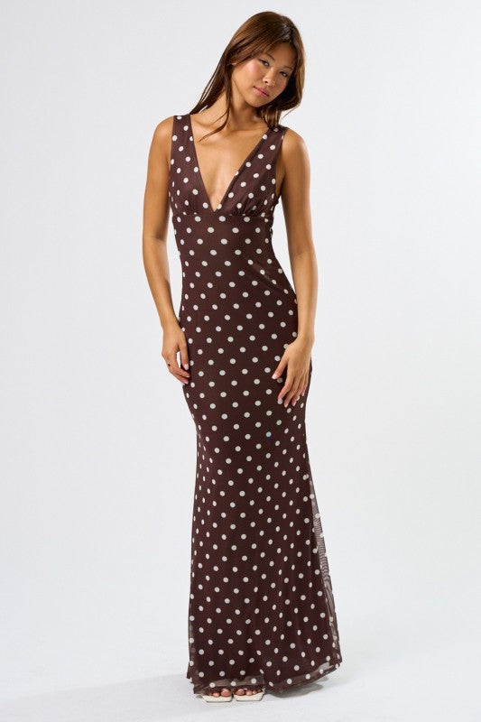 Sleeveless Polka Dot Print Mesh Maxi Dress Brown