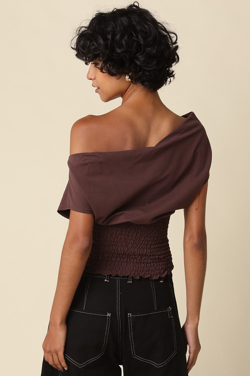 Off The Shoulder Stylish Smocked Top Brown
