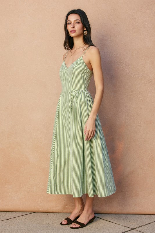 Tinsley Sleeveless Stripe Print Midi Dress Green MEDIUM