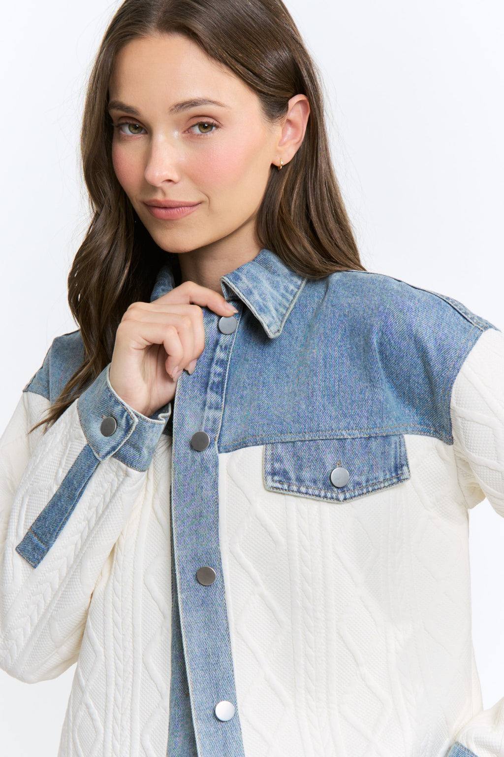  Long Sleeve Cable Knit Denim Trim One Size Shacket Cream Ivory