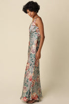 Sleeveless Open Back Elegant Floral Print Satin Maxi Dress Sage