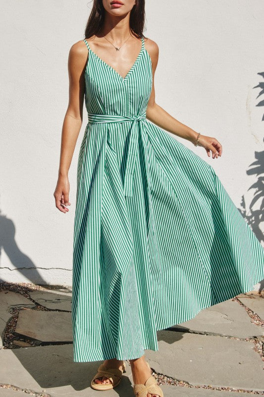 Sleeveless Waist Tie Stripe Print Maxi Dress Green