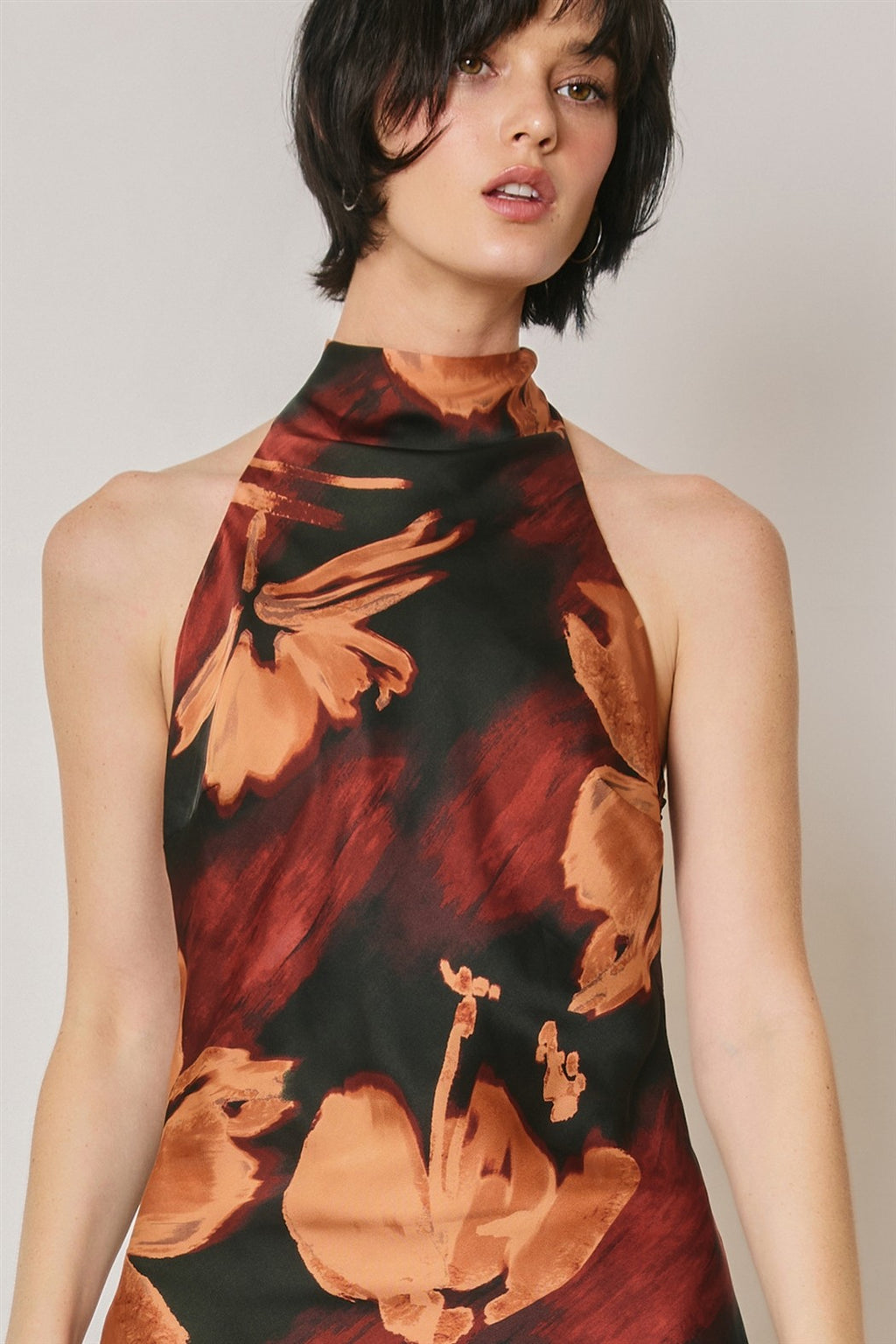Sleeveless Halter Floral Print Midi Dress Black