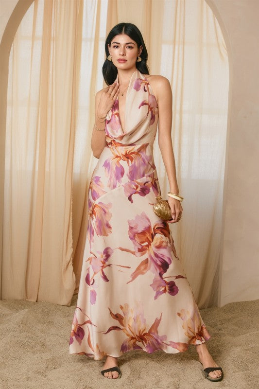 Rowan Sleeveless Halter Floral Print Maxi Dress Pink SMALL Rowan Sleeveless Halter Floral Print Maxi Dress Pink SMALL
