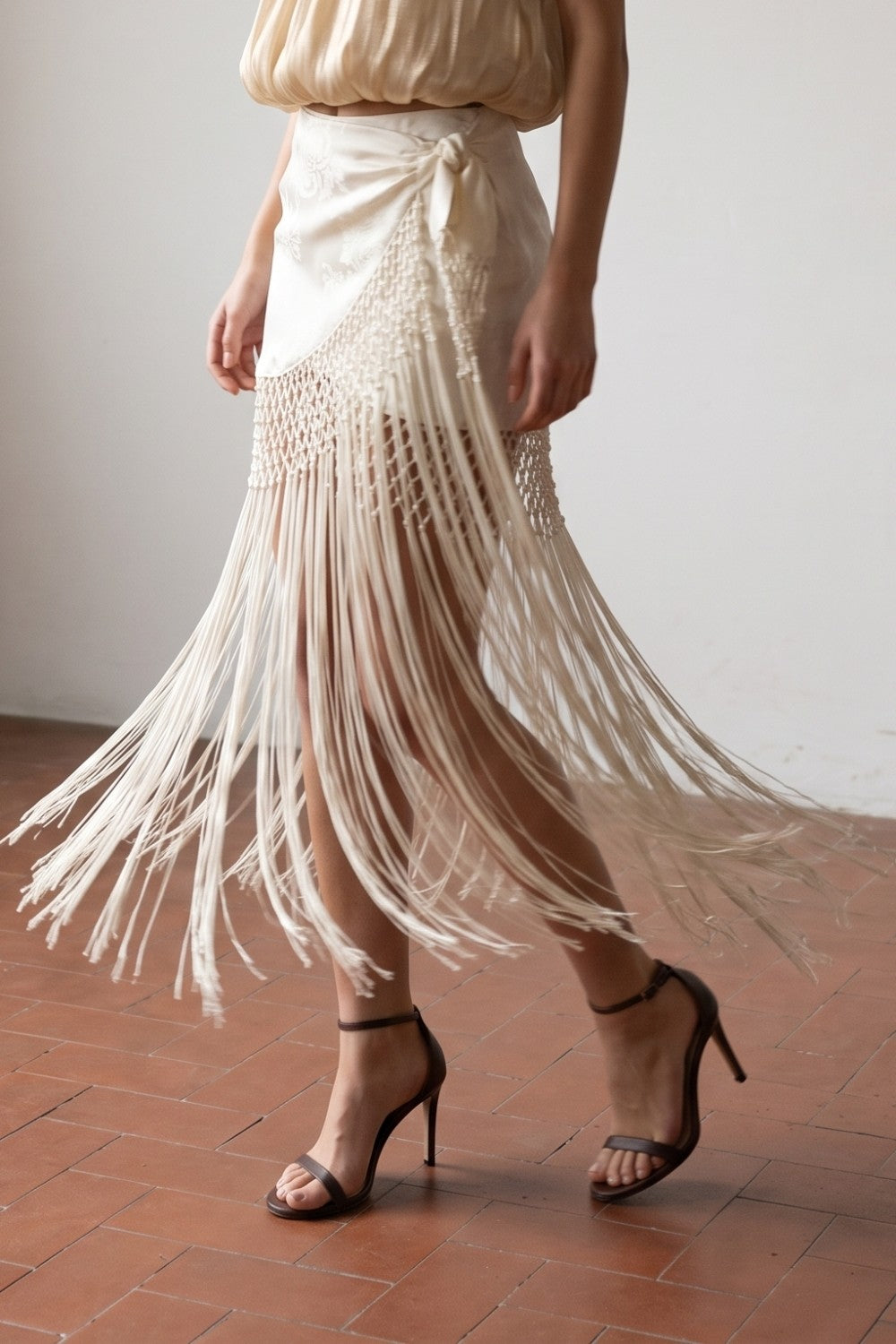 High Waist Wrap Fringe Mini Skirt Ivory