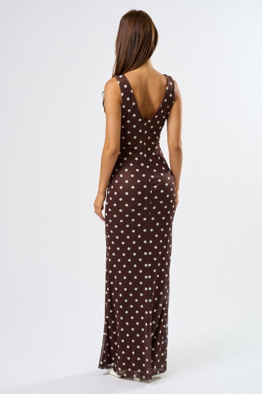 Sleeveless Polka Dot Print Mesh Maxi Dress Brown