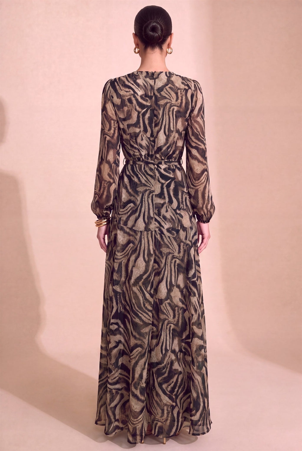Sleeveless Waist Tie Floral Print Maxi Dress Latte