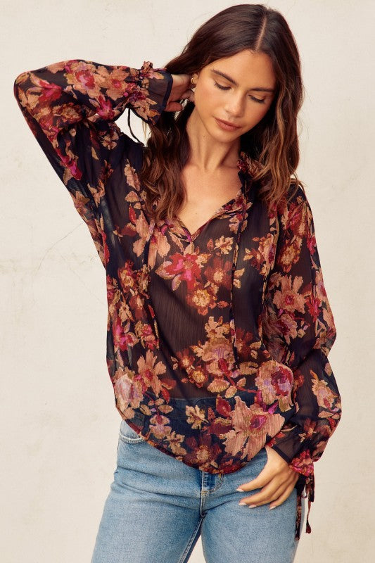 Long Sleeve Floral Print Top Black