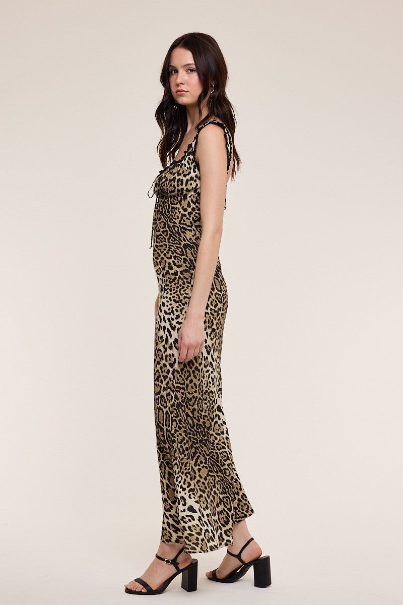 Sleeveless Lace And Leopard Print Midi Dress Brown