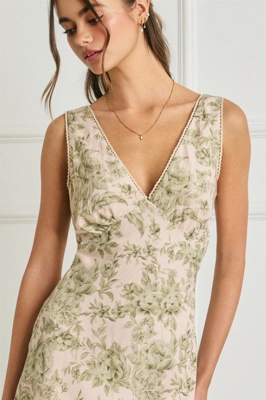 Sleeveless Floral Print Mini Dress Sage