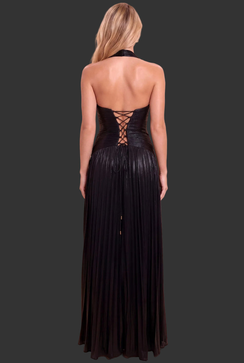 Sleeveless Halter Lace Up Metallic Maxi Dress Black