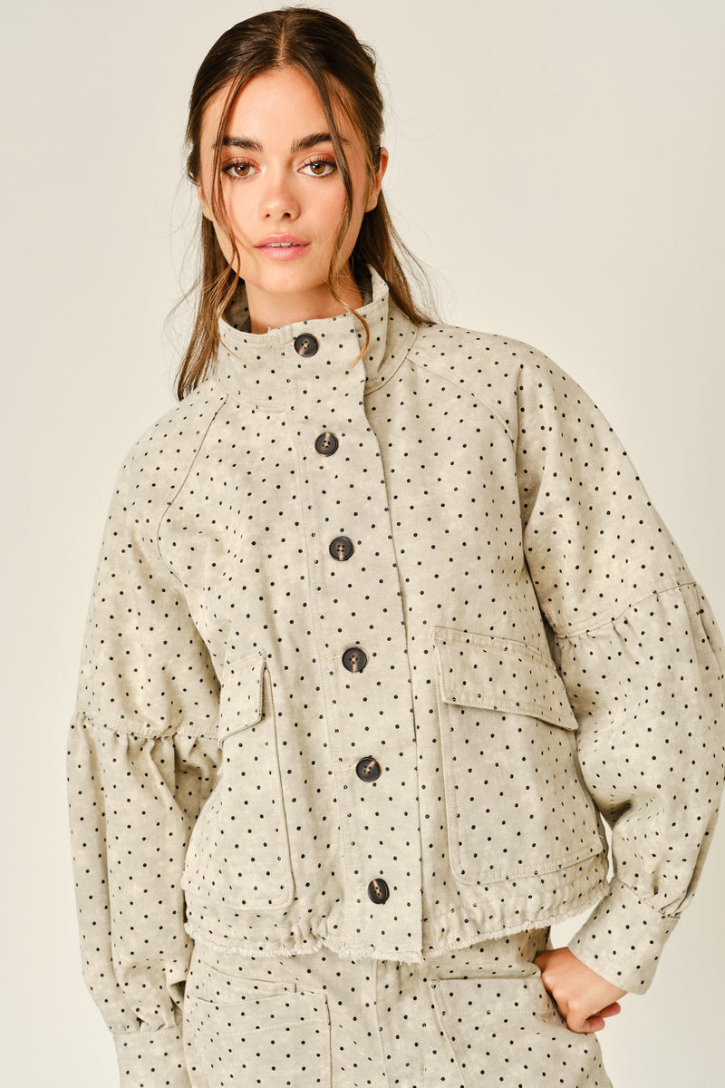 Long Sleeve Button Down Polka Dot Print Jacket Tan