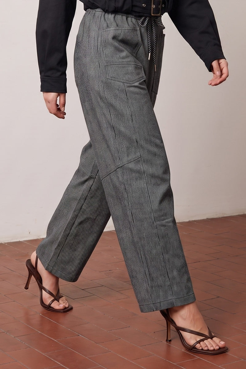 Drawstring Wide Leg Stripe Print Washed Denim Crop Pants Black