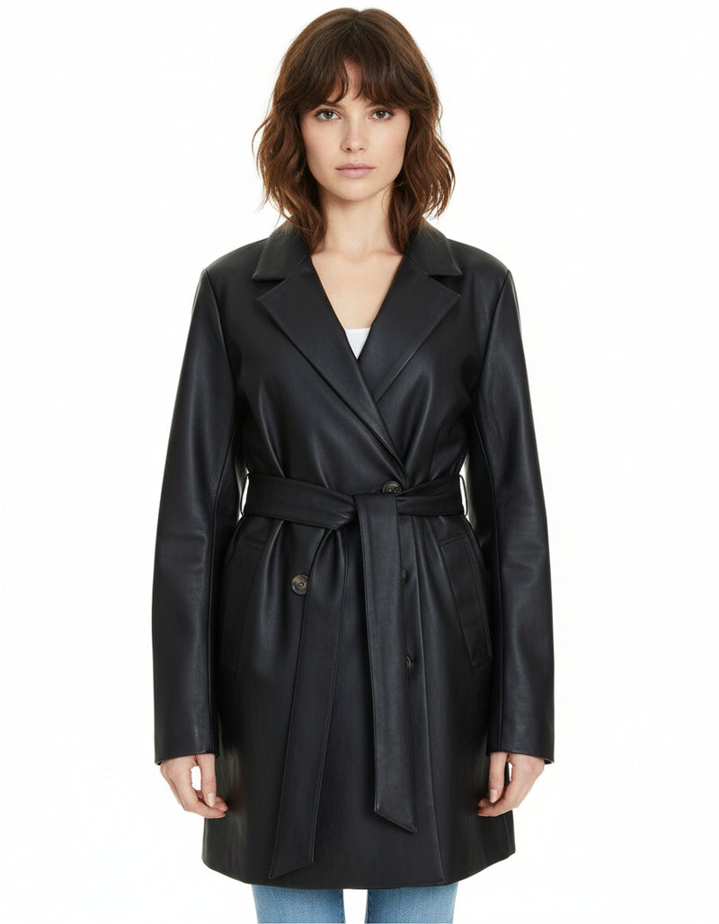 Long Sleeve Vegan Leather Waist Tie Jacket Black