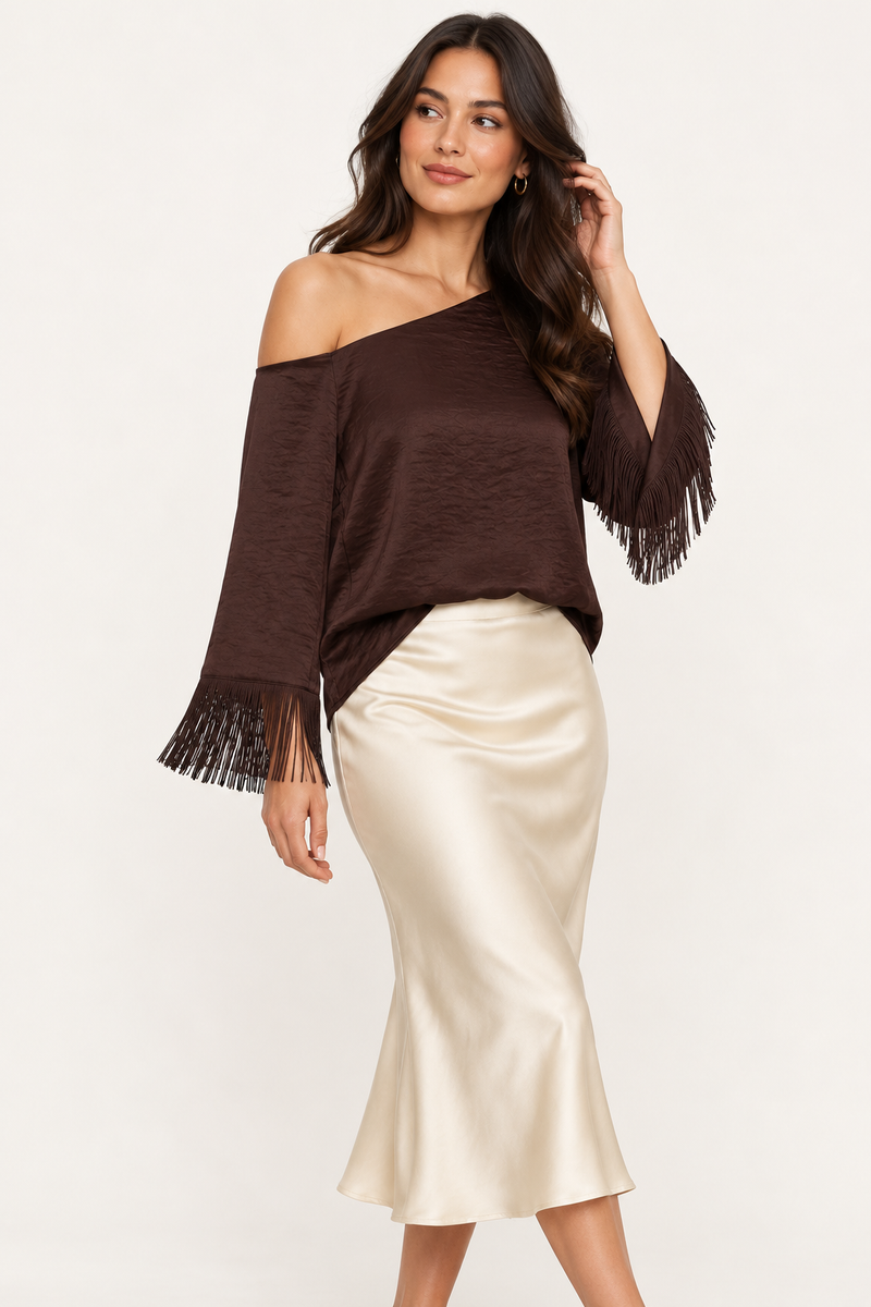 Fiora Long Fringe Sleeve Off The Shoulder Satin Top Brown