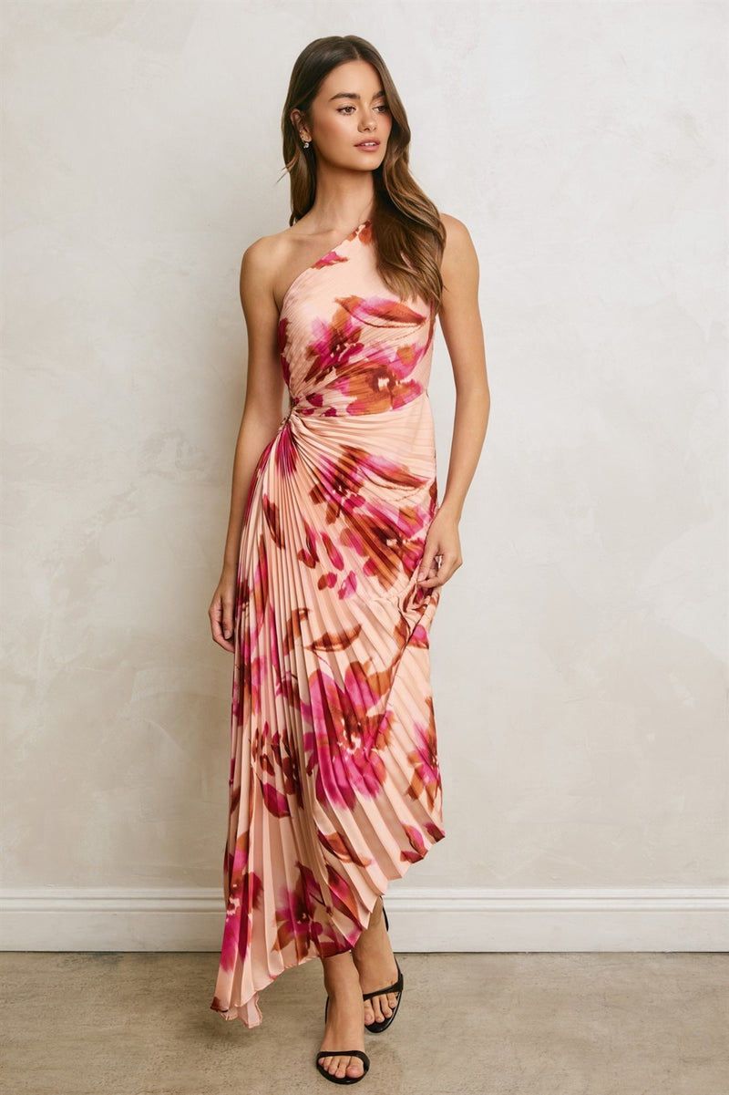 one-shoulder pleated floral dress One Shoulder Asymmetrical Pleated Maxi Dress