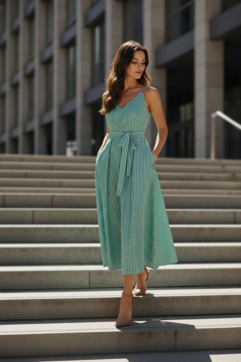 Dakota Sleeveless Waist Tie Stripe Print Maxi Dress Green