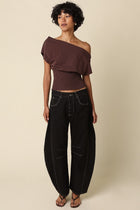 Off The Shoulder Stylish Smocked Top Brown