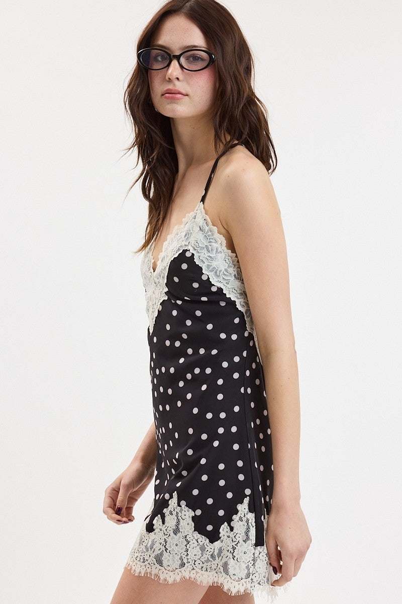 Sleeveless Lace And Polka Dot Print Mini Dress Black