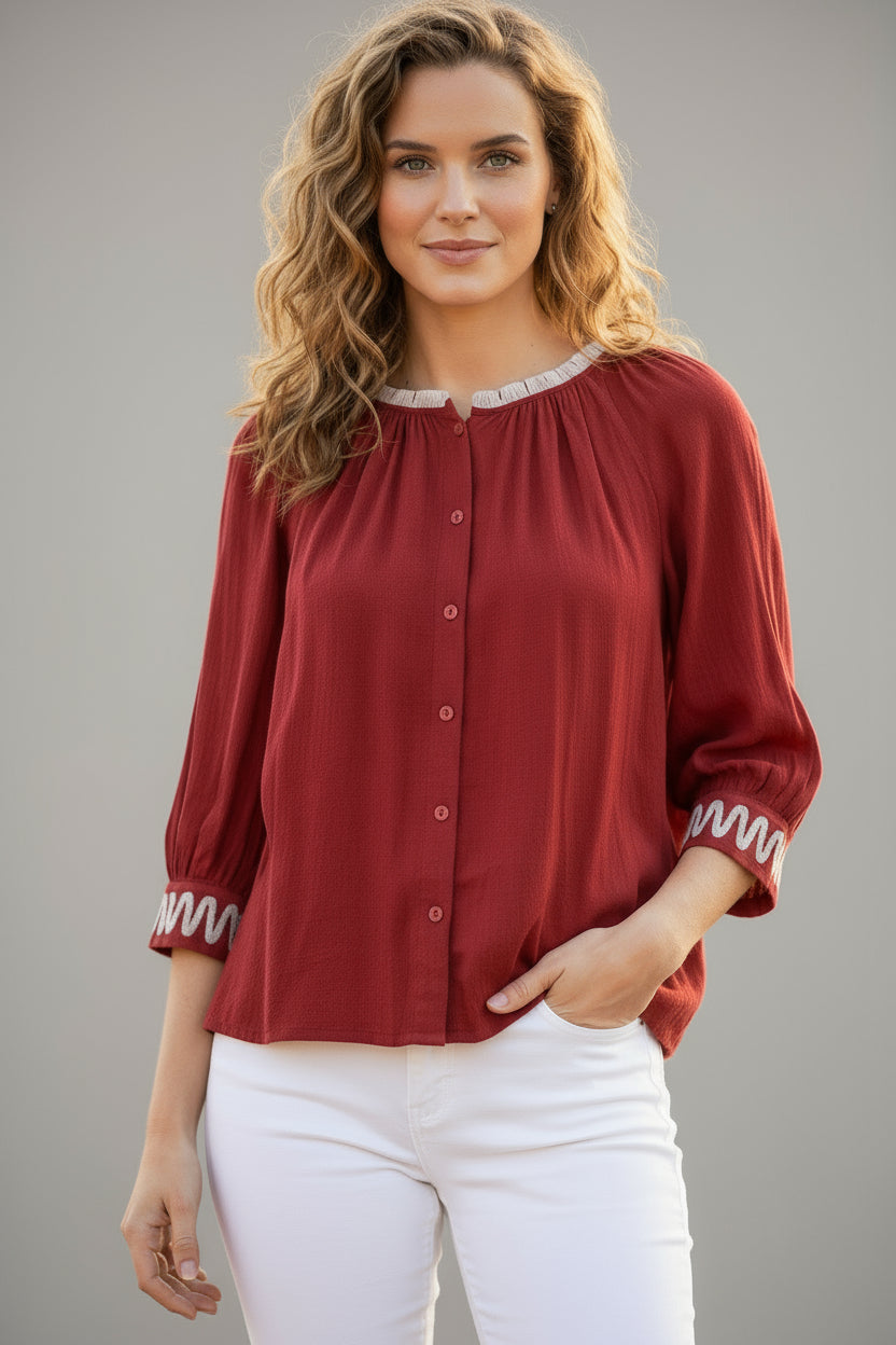Short 3/4 Sleeve Button Down Contrast Trim Satin Top Red