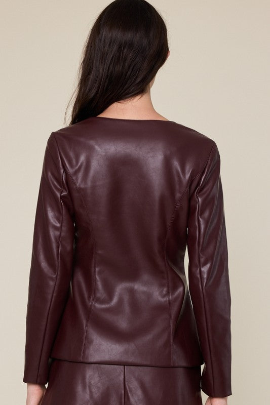 Long Sleeve Vegan Leather Jacket Plum
