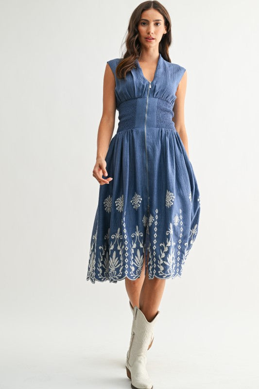 Sleeveless Zip Up Embroidered Midi Dress Blue