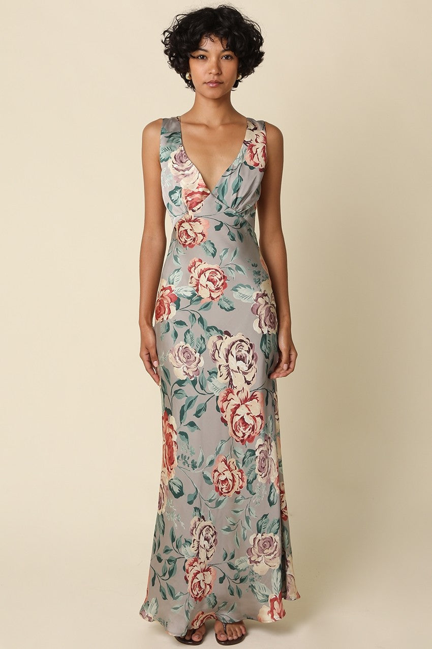 Sleeveless Open Back Elegant Floral Print Satin Maxi Dress Sage
