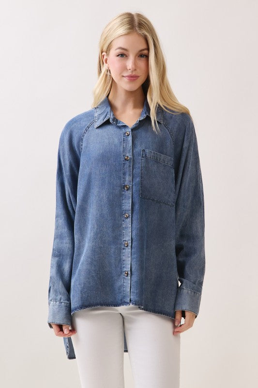 Long Sleeve Button Down Denim Top Medium Wash