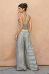 Knit Waist Wide Leg Stripe Print Pants Blue
