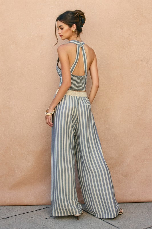 Knit Waist Wide Leg Stripe Print Pants Blue