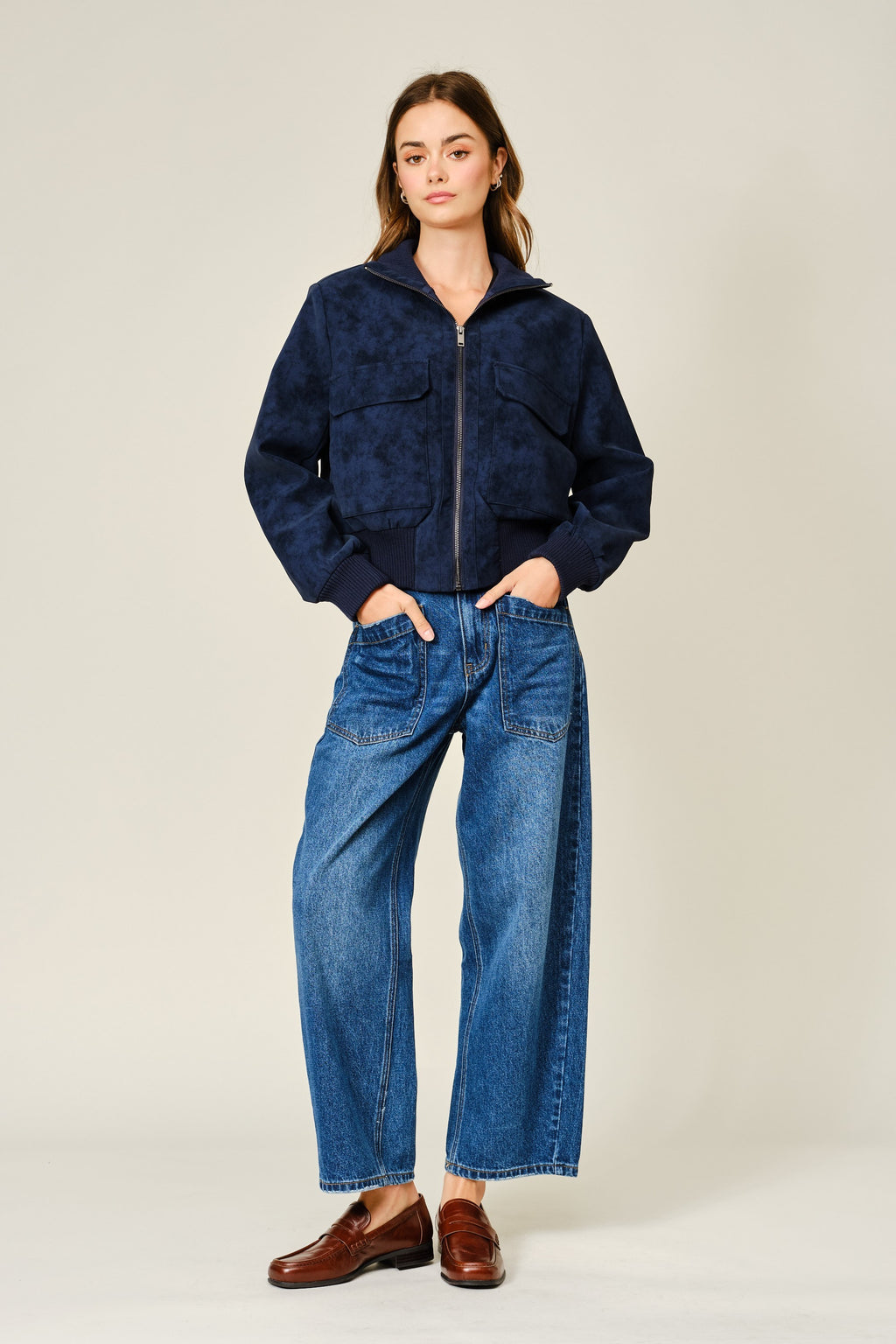 Long Sleeve Zip Up Faux Suede Bomber Jacket Navy
