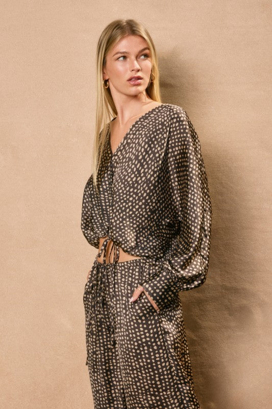 Long Sleeve Dot Print Top Brown