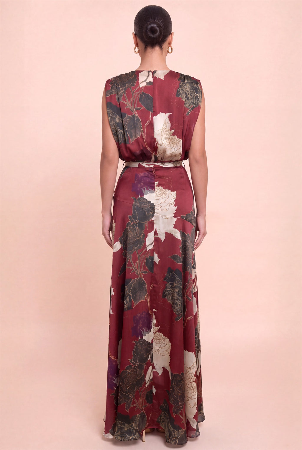 Sleeveless Waist Tie Floral Print Maxi Dress Burgundy