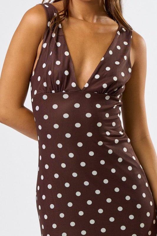 Sleeveless Polka Dot Print Mesh Maxi Dress Brown