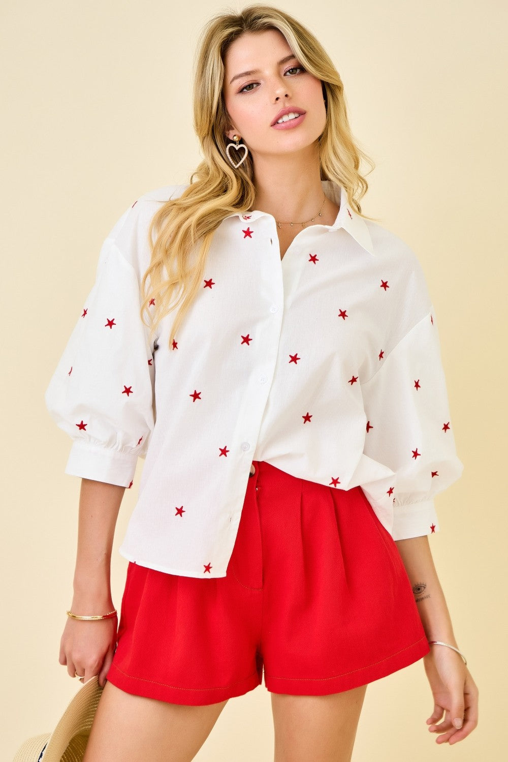 3/4 Puff Sleeve Button Down Star Print Top White