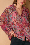 Long Sleeve Button Down Paisley Print Top Fuchsia