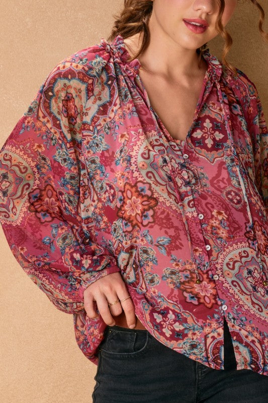 Long Sleeve Button Down Paisley Print Top Fuchsia
