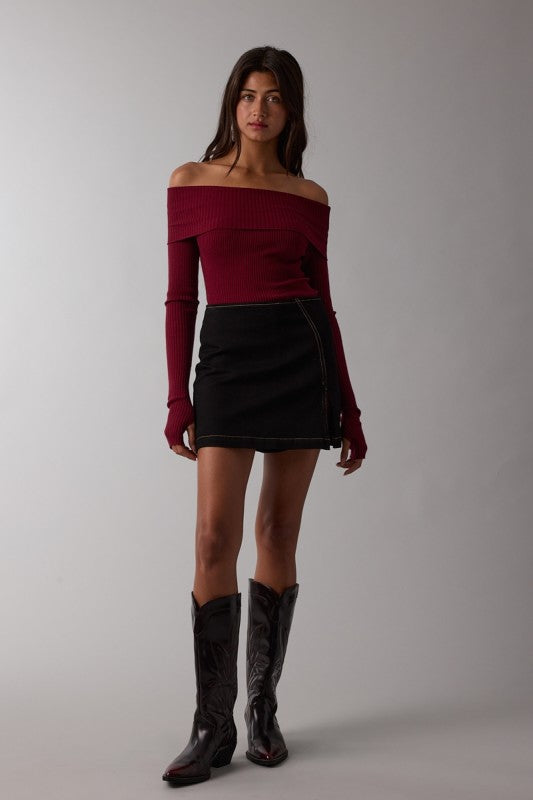 Long Sleeve Off The Shoulder Knit Top Burgundy