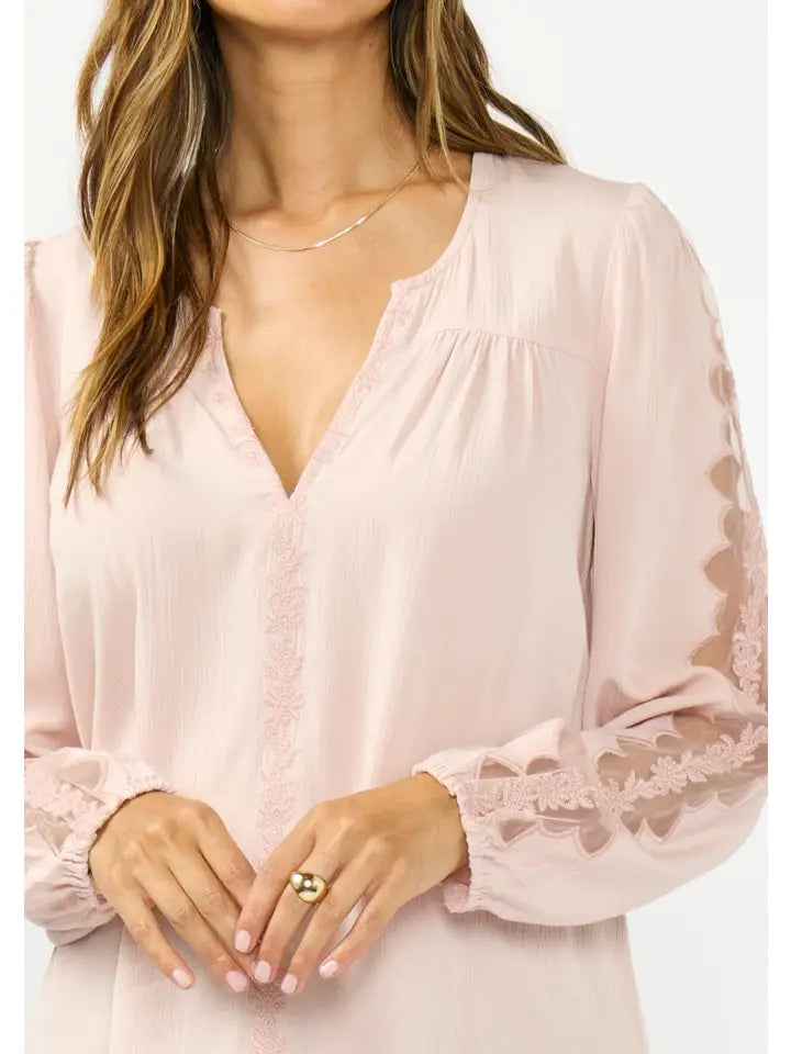 Long Sheer Sleeve Embroidered Top Pink
