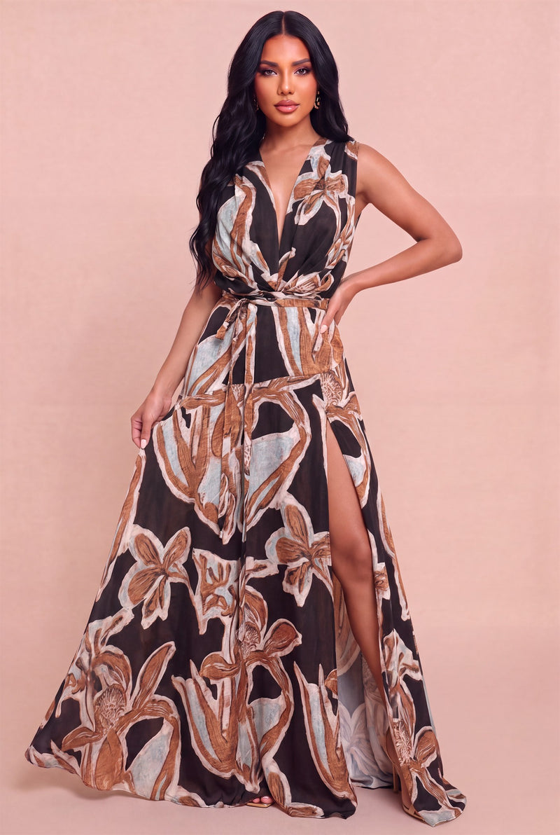 Sleeveless Waist Tie Abstract Print Maxi Dress Brown