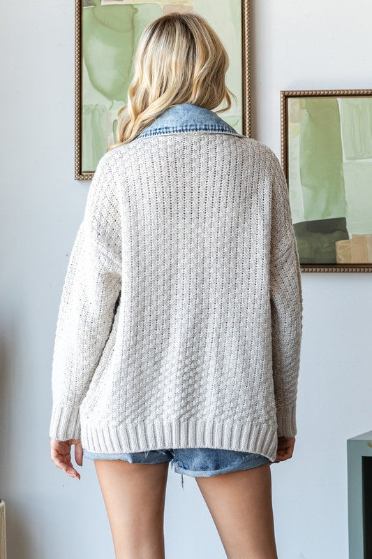 Long Sleeve Cable Knit Denim Trim Shacket Cream