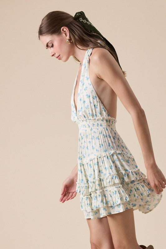 Sleeveless Halter Open Back Tiered Floral Print Mini Dress Blue