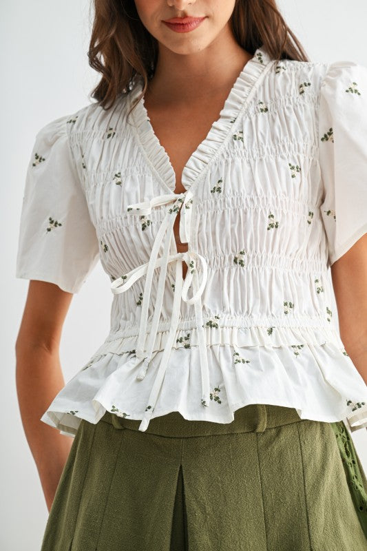 Short Sleeve Front Tie Floral Print Peplum Top White