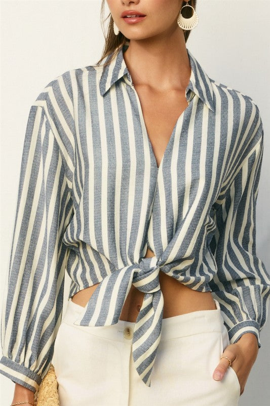  Long Sleeve Button Down Front Tie Stripe Print Top Blue