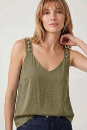 Sleeveless Studded Strap Satin Top Olive