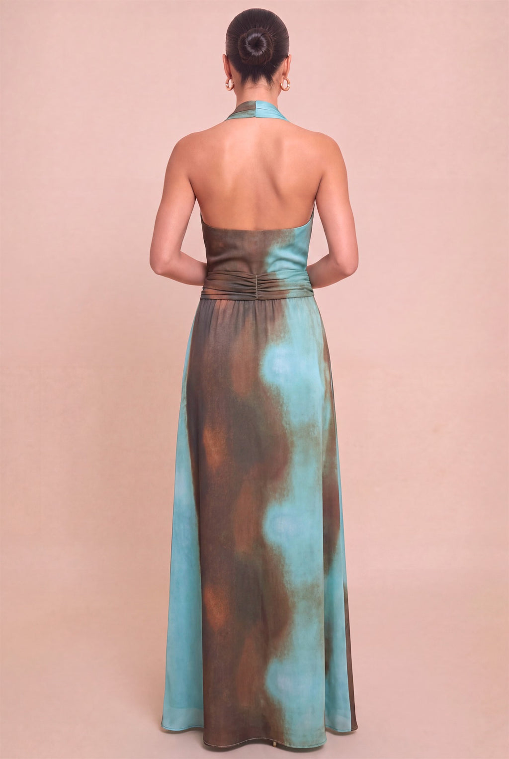 Sleeveless Halter Waist Tie Abstract Print Maxi Dress Blue
