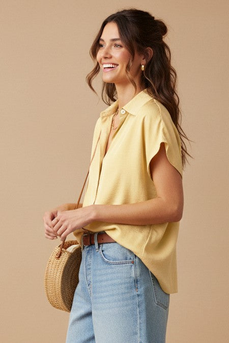 Short Sleeve Button Down Top Yellow