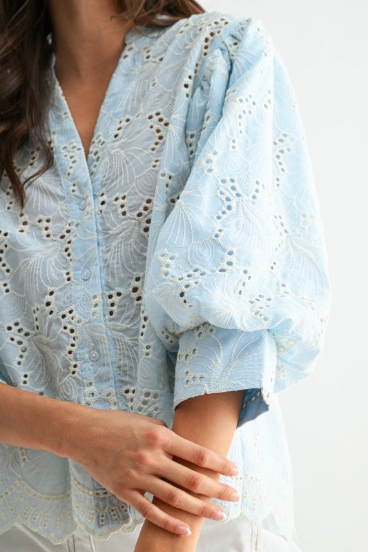 3/4 Puff Sleeve Button Down Embroidered Floral Top Blue