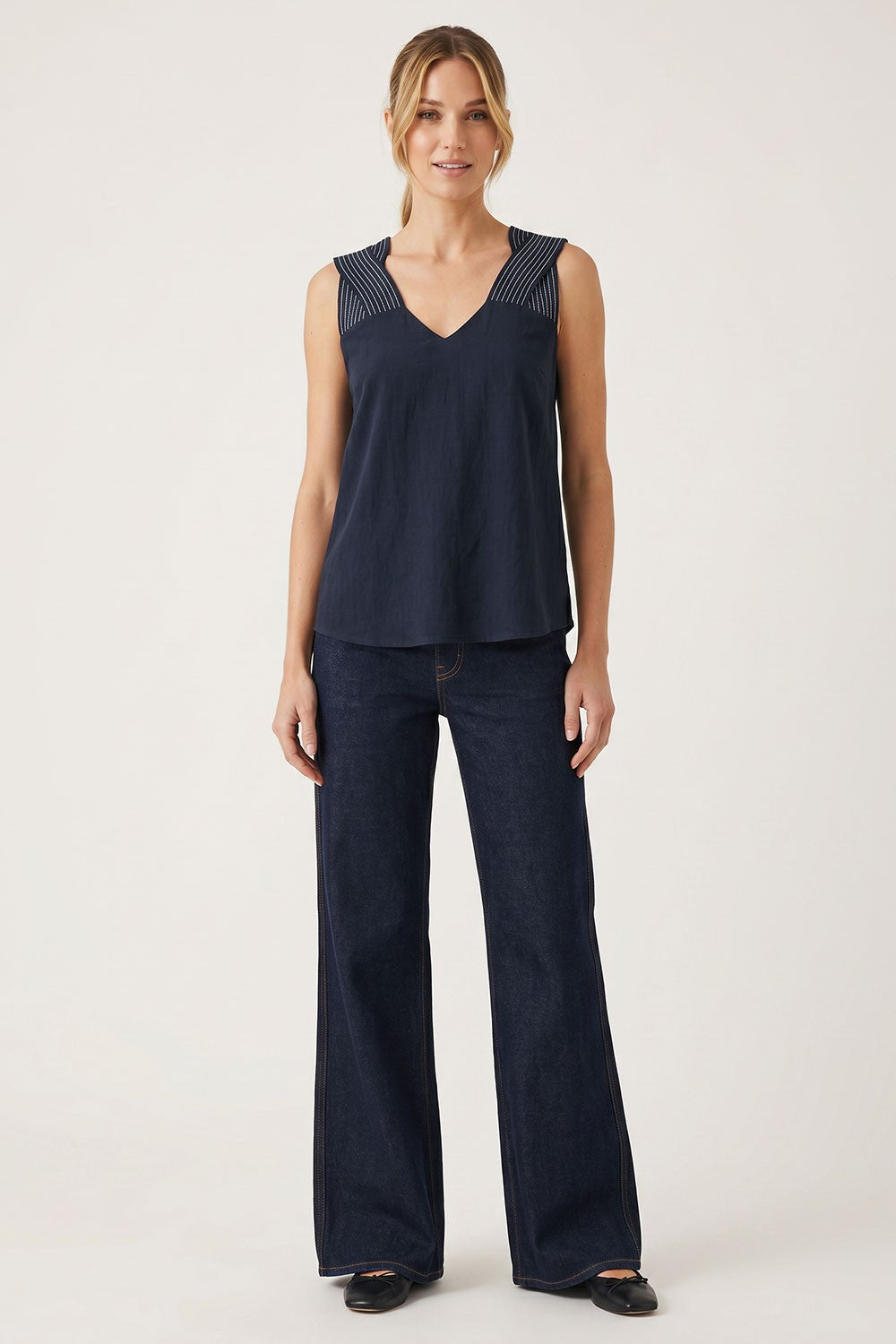 Sleeveless Contrast Stitch Top Navy